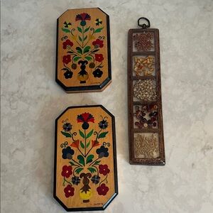 Vintage 70’s Wall Decor  grouping wood and lucite.  Signed floral plaques